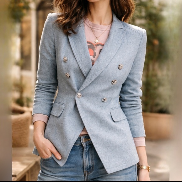 White House Black Market Blue Tweed Nautical Lined Blazer Size 2 - Picture 2 of 15